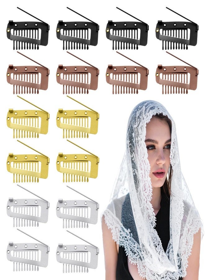Zyghjort 16 PCS Chunni Clips with Safety Pins, Dupatta Clip 10-Teeth Hair Extension Snap Invisible Wig Combs No Sew, Strong Chunni Grip Dupatta Setting Clips for Woman Veil Hair Extensions, 4 Color - Image 1